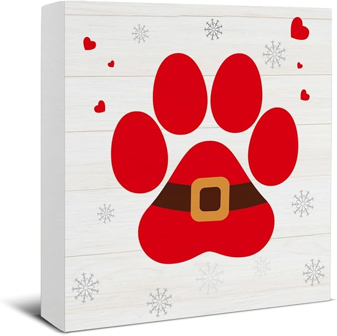 Farmhouse Christmas Decor, Christmas Decorations Indoor, Red Dog Paws Wooden Sign Rustic Home Shelf Desk Decor 5 x 5 Inches