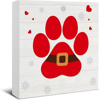 Farmhouse Christmas Decor, Christmas Decorations Indoor, Red Dog Paws Wooden Sign Rustic Home Shelf Desk Decor 5 x 5 Inches