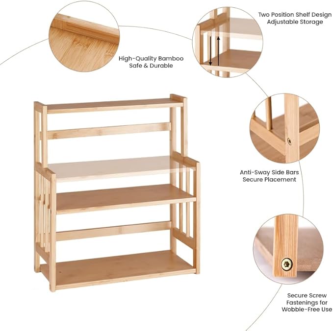 HYNAWIN Bamboo Spice Rack 3-Tier Kitchen Countertop Organizer, Adjustable Shelf Pantry Storage Stand for Herbs, Jars, and Bottles