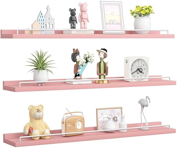 32 inches Long Floating Shelves, Bathroom Decor Shelves Over Toilet, Farmhouse Wall Shelves for Living Room, Bedroom, Picture Frames, Plants, Kitchen, Set of 3 (Pink and White)