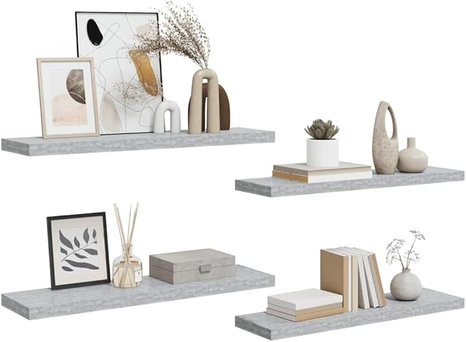 Concrete Grey Honeycomb MDF Floating Wall Shelf Set of 4 with Metal Frame for Living Room Office Storage Display