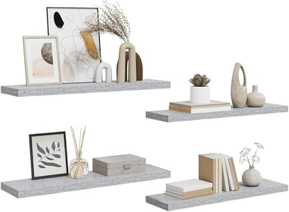 Concrete Grey Honeycomb MDF Floating Wall Shelf Set of 4 with Metal Frame for Living Room Office Storage and Display