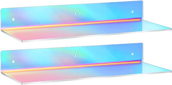 Rainbow Iridescent Acrylic Shelves Floating Wall Ledge Bookshelf Wall Mounted Shelf Display Organizer for Kids Room Bathroom Bedroom Living Room Nursery Office Kitchen (2 Pieces)