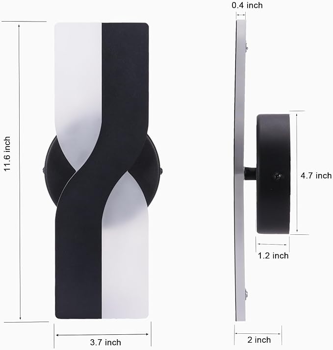 Kawell 12W Minimalist LED Wall Light 1%-100% Dimming Modern Wall Sconce Hardwired Indoor Wall Lamp Square for Bedside Hallway Study Kitchen, Black 3000K