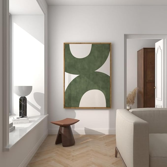 Nationcog Mid-Century Green Organic Lines Art, Modern Minimalist Wall Decor, Bold Beige Tones Contemporary Home Accent, Aesthetic Trendy Design (Unframed) (16x24)