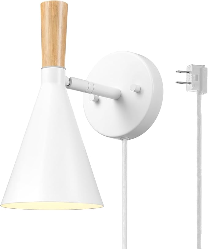 Globe Electric 65000147 1-Light Plug-in or Hardwire Wall Sconce, Matte White, Light Wood-Toned On/Off Rotary Switch on Pivoting Shade, 6ft White Braided Fabric Cord, Wall Lights for Living Room