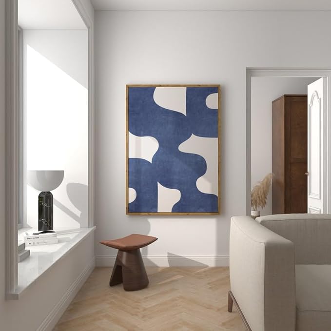 Nationcog Modern Blue and Beige Mid Century Wall Art, Abstract Organic Line Poster, Bold Minimalist Geometric Print, Aesthetic Contemporary Home Decor Accent (Unframed) (12x18)