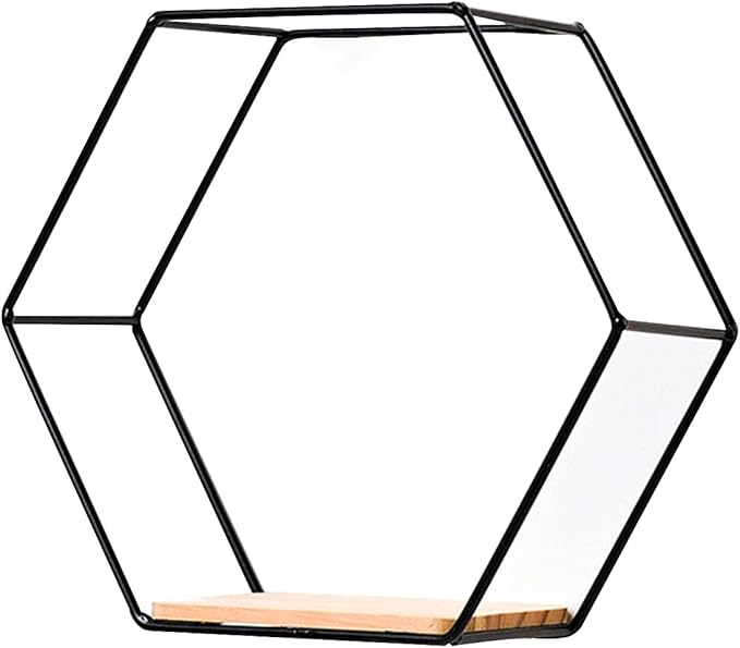 Hexagon Floating Wood Book Shelves, Iron Storage Holder Wall-Mounted Multifunctional Nordic Style Geometric Firm Hexagonal Shelf for Home Bedroom Bathroom Black S1