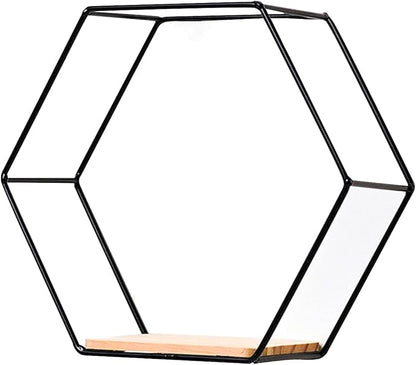 Hexagon Floating Wood Book Shelves, Iron Storage Holder Wall-Mounted Multifunctional Nordic Style Geometric Firm Hexagonal Shelf for Home Bedroom Bathroom Black L1