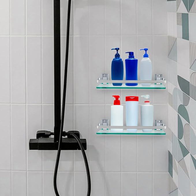 2-Pack Tempered Glass Bathroom Shelf with Rail, 15