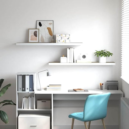Floating Wall Shelf Set of 2 in Oak and White Honeycomb MDF with Metal Brackets for Modern Home Office Display and Storage