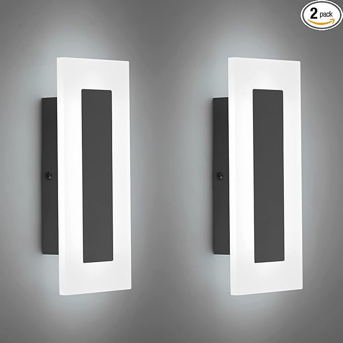 LMQNINE Modern LED Acrylic Black Wall Sconce White Light 6000K for Bedroom Corridor Stairs Bathroom Indoor Lighting Fixture Lamps Home Room Decor (2-Pack)…