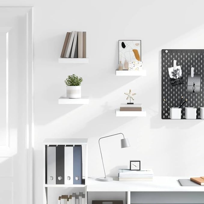 Set of 4 High Gloss White Honeycomb MDF Floating Wall Shelves with Metal Mounts, Modern Aesthetic for Living Room Bedroom Study, Easy Installation, Durable Display Storage