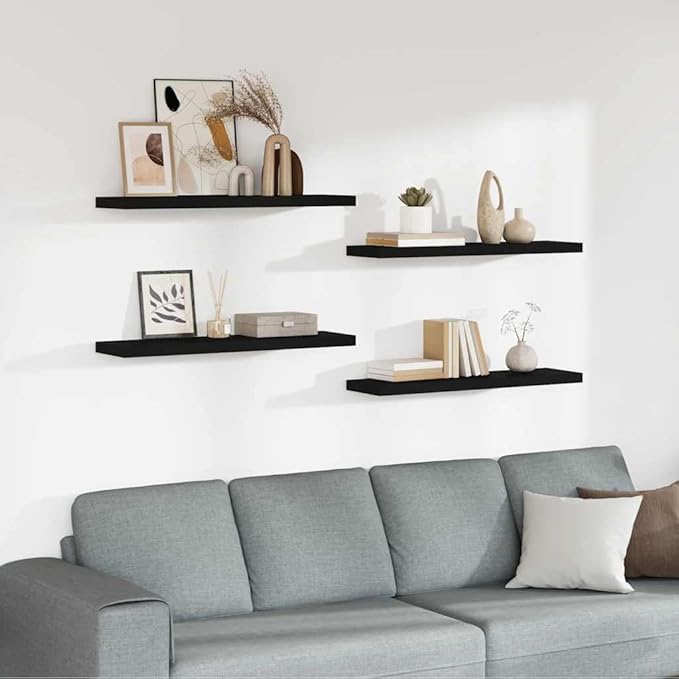 Set of 4 Black Honeycomb MDF and Metal Floating Wall Shelves for Modern Home Office Decor and Display