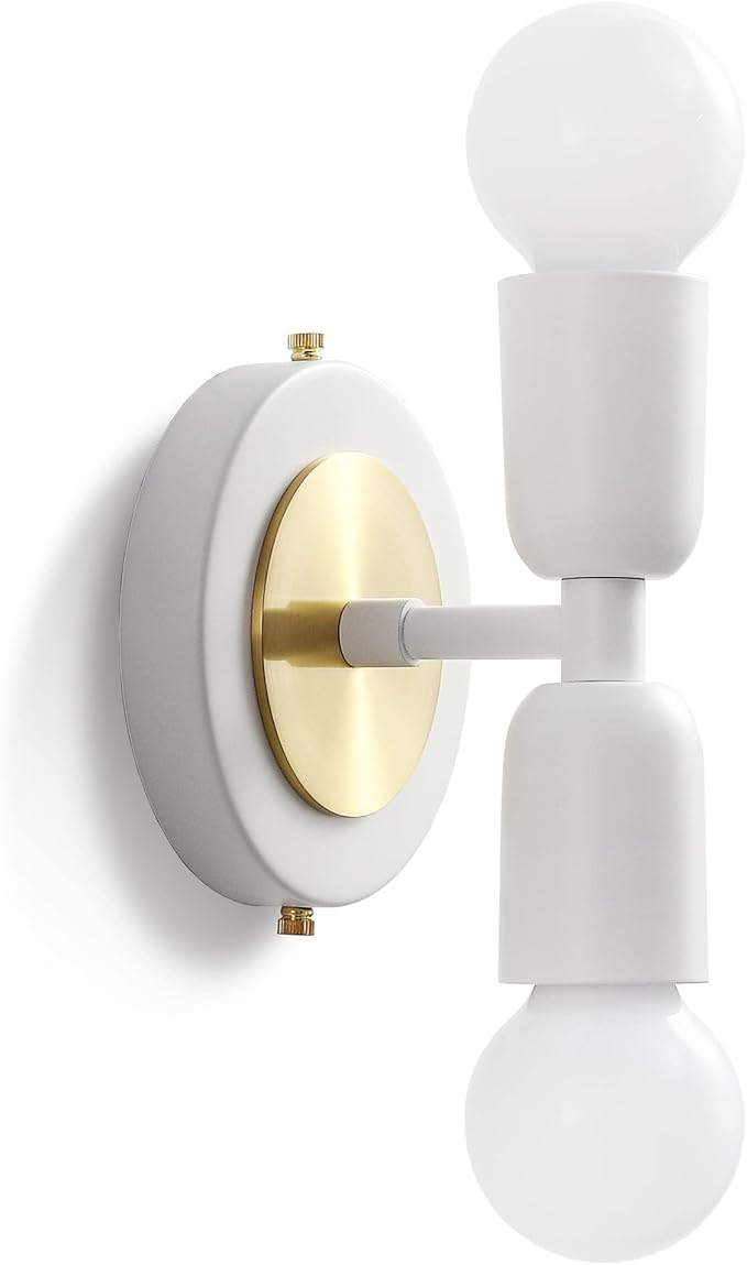 BRIGHTTIA Luna Duo 2 Light Wall Sconce - Mid Century Modern Fixture for Wall & Ceiling - Minimalist Edison Lamp for Hallway and Bathroom Vanity - White & Gold (BW0026-2WG)