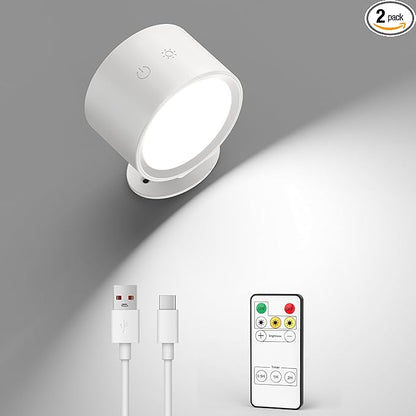 LED Wall Mounted Lights 2 Pcs with Remote, Rechargeable Wall Sconce with 3 Color Temps & Dimmable Magnetic 360° Rotation Cordless Light for Bedroom Reading Bedside (White, 1 Pack)