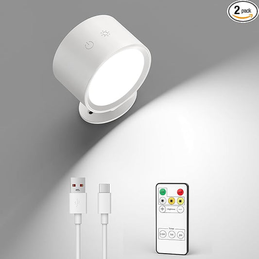 LED Wall Mounted Lights 2 Pcs with Remote, Rechargeable Wall Sconce with 3 Color Temps & Dimmable Magnetic 360° Rotation Cordless Light for Bedroom Reading Bedside (White, 1 Pack)