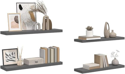 Set of 4 Floating Wall Shelves High Gloss Grey Honeycomb MDF Metal Mounted Modern Display Storage for Living Room Bedroom Office Decor
