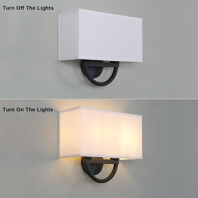 Yosoan 2-Light White Fabric Cloth Boho Wall Sconce Stairwell Fixture Light, Indoor Hardwired Vanity Dual Vintage Black Metal Base Wall Mount Lighting Square Fabric Shade for Bedside Hallway Kitchen