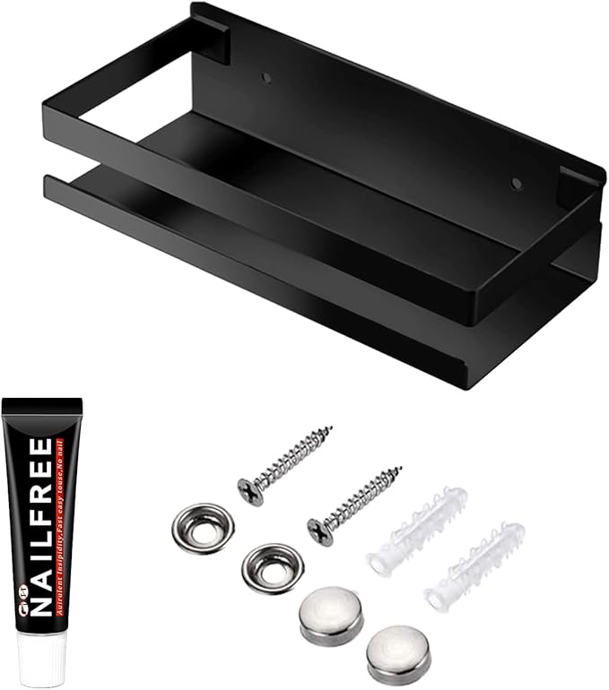 Rustproof Metal Storage Floating Shelves Wall Mounted Rectangular Shelf for Bedroom,Bathroom, Living Room, Kitchen, and Laundry Room,Nail-Free Wall-Mounted Shelves（7.9 Inch Black）