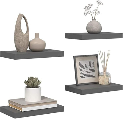 Set of 4 High Gloss Grey Honeycomb Floating Wall Shelves, Modern MDF and Metal Wall-Mounted Storage Display Unit for Home and Office