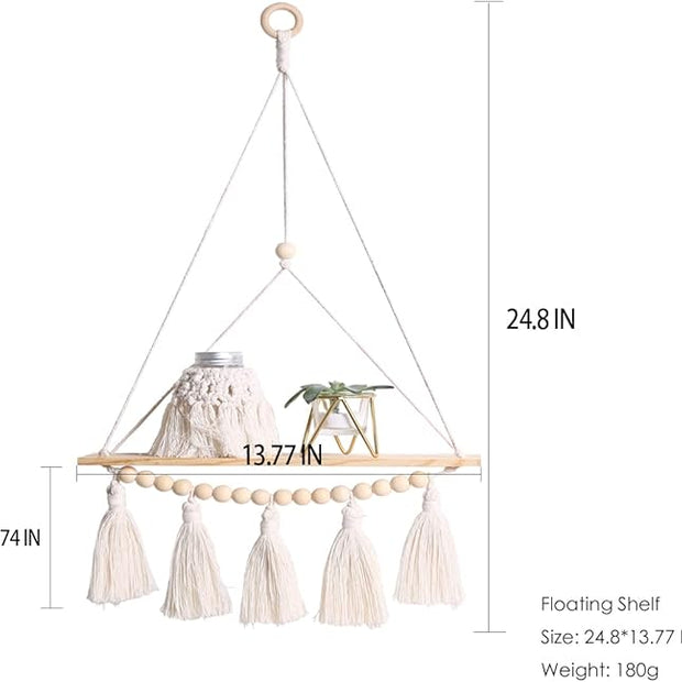 Artilady Macrame Wall Hanging Shelf - 2 Pack Wood Shelves Boho Wall Shelf Decor with Tassels & Wooden Beads, Rustic Floating Shleves Plant Aesthetic Room Decor for Teen Girls