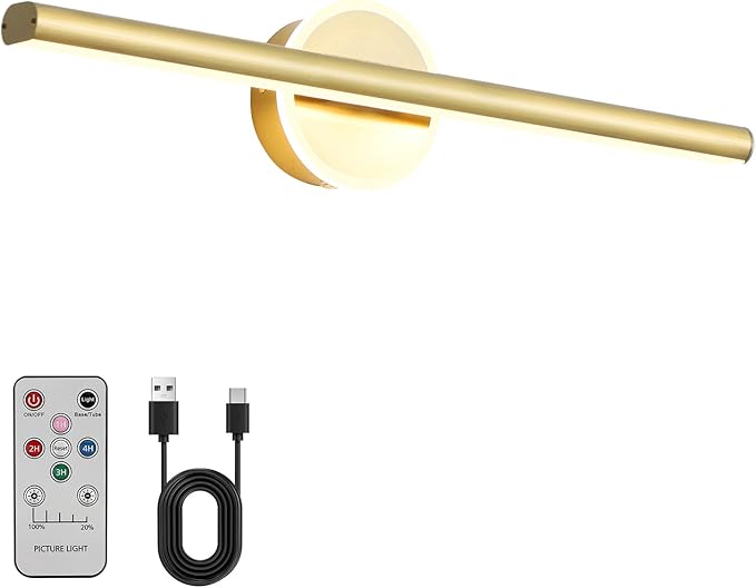 Wireless Picture Light, 16 inches Art Wall Light, Picture Light Battery Operated,Battery Operated Wall Lights,Gallery Light for Painting,Photo,Library(Plating Brass Gold)
