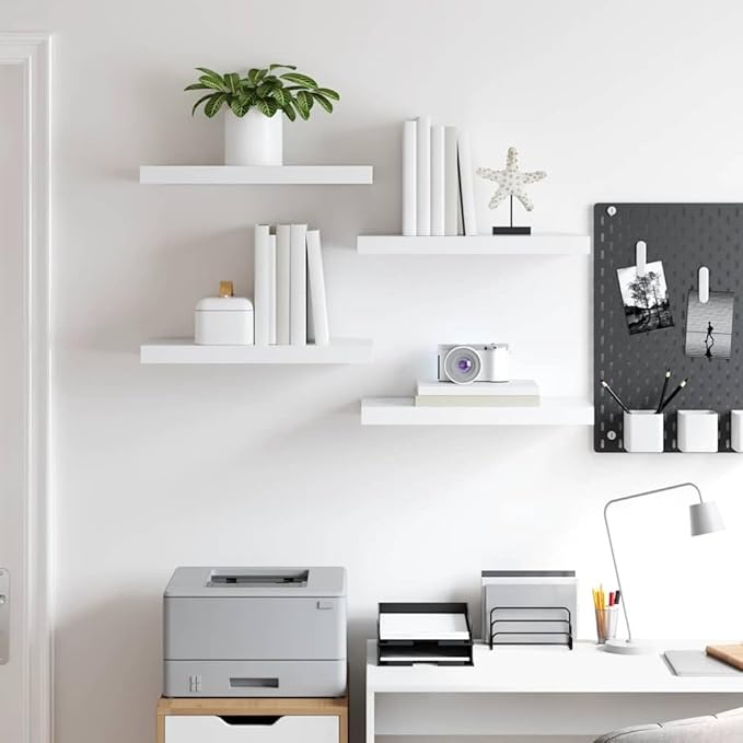 White Honeycomb MDF Metal Medium Floating Wall Shelves Set of 4, Modern Minimalist Display Storage for Books and Decor, Easy Installation with Hardware, Durable Space-Saving