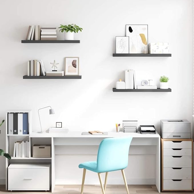 Set of 4 High Gloss Grey Floating Wall Shelves, Honeycomb MDF and Metal Standard, Modern Display Storage for Books and Decor