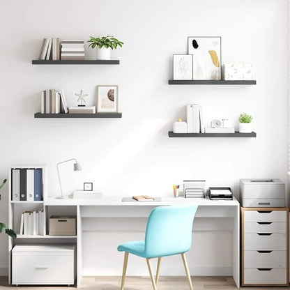 Set of 4 High Gloss Grey Floating Wall Shelves, Honeycomb MDF and Metal Standard, Modern Display Storage for Books and Decor