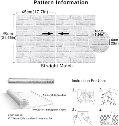 Cohoo Home Brick Wallpaper Peel and Stick Contact Paper 393inL 18inW Faux 3D Brick Contact Paper for Wall White Gray Self Adhesive Removable Wallpaper Backsplash Bedroom Wall Sticky Waterproof Thick
