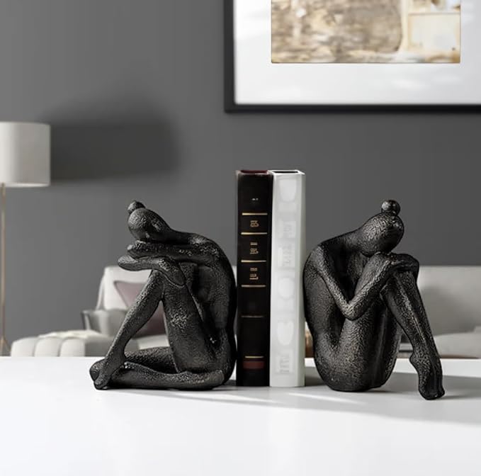 Ambipolar Yoga-Style Black Decorative Bookends, Resin Book Stand to Hold Books Heavy Duty, Book Stoppers for Home Decor, Office Desk, Living Room Decor. Black. Book Ends for Shelf