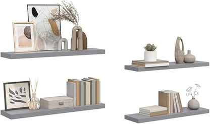 Wall Shelf Set of 4 Grey Honeycomb MDF Metal Floating Shelves 35.4x9.3x1.5 in for Home Organization and Decoration, Durable Modern Display Storage Solution