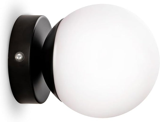 Battery Operated Rechargeable Wall Sconce Single, Matte Black Opal Glass Globe Wall Lamp, Wireless Touch & Remote Control, Dimmable 3 CCT + 12 RGB Colors for Bedroom Living Room Hallway