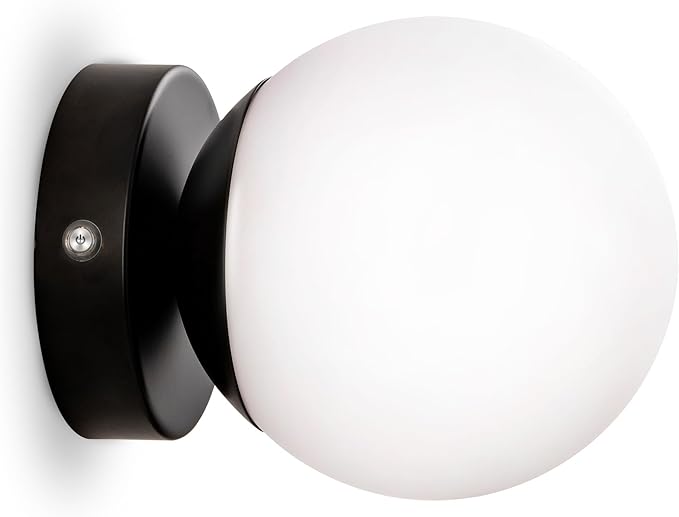 Battery Operated Rechargeable Wall Sconce Single, Matte Black Opal Glass Globe Wall Lamp, Wireless Touch & Remote Control, Dimmable 3 CCT + 12 RGB Colors for Bedroom Living Room Hallway