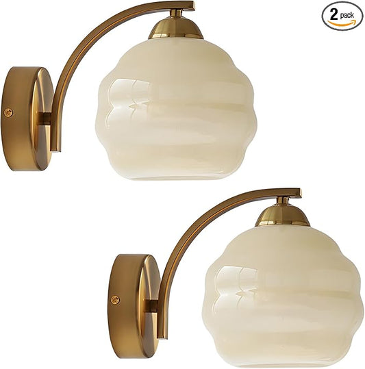 Mid Century Modern Wall Sconces Set of Two Brushed Brass Wall Sconce Gold Glass Wall Lights Globe Wall Mount Light Fixture Vintage Hallway Bathroom Sconces Wall Lighting Set of 2