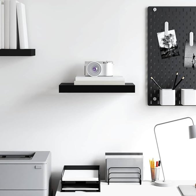 Black Honeycomb MDF Floating Wall Shelf 15.7 Inch, Metal Wall Mounted Shelf for Display with Sturdy Build and Sleek Black Finish, Space-Saving Design for Home Office Decor