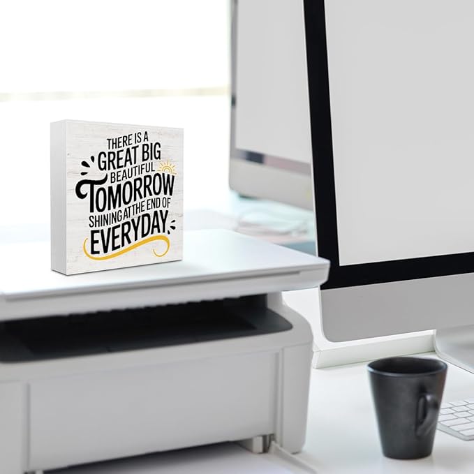 Motivational Gifts for Women Men, There is a Great Big Beautiful Tomorrow Wood Box Sign, Inspirational Quote Desk Decor for Home Office Shelf Cubicle, Rustic Wooden Box Decorative Signs
