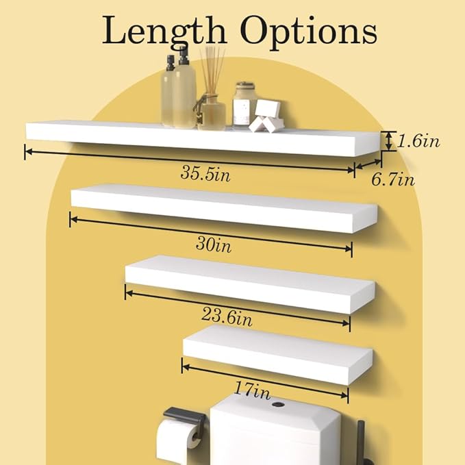 Habudda Floating Shelves for Wall, Natural Wood Shelf, 30 inch Long, White Wooden Rustic Decor for Bathroom Kitchen Bedroom, Hanging Mounted Invisible Bracket, Set of 2