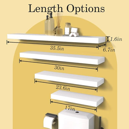 Habudda Floating Shelves for Wall, 35.5 Inch Long Natural Wood Shelf, White Rustic Decor for Bathroom Kitchen Bedroom, Hanging Mounted Invisible Bracket, Set of 2