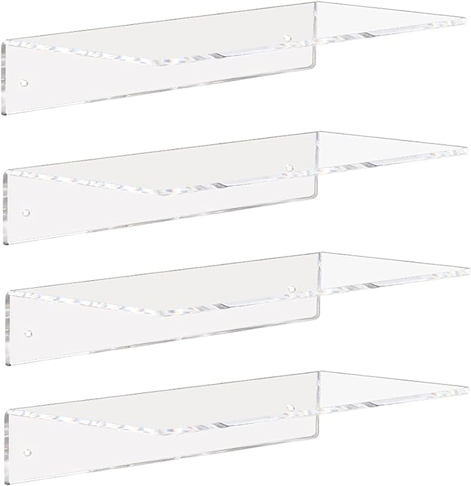 Weiai Clear Acrylic Shelves 12 Inch, Floating Wall Mounted Shelf for Wall Storage, Set of 4