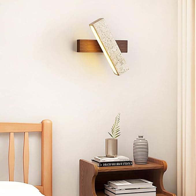 Modern LED Wall Sconce Wood Base Travertine Style Bar Light Minimalist Japandi Fixture Asymmetrical Design for Bedroom Hallway Living Room Accent(Brown)