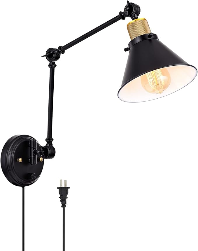 TRLIFE Wall Sconce Plug in, Dimmable Wall Sconce with Switch Swing Arm Wall Lights Plug in Wall Mounted Light Wall Sconces Lighting with 6FT Plug in Cord, E26 Base, UL Listed(Two Arms, 1 Pack)