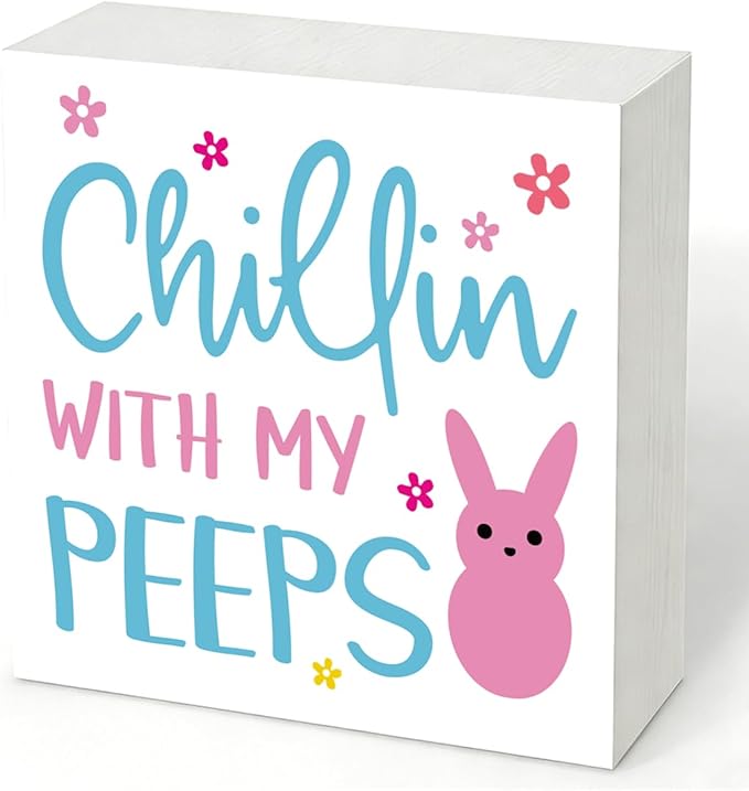 Easter Decorations for Home Chillin With My Peeps Wooden Sign, Funny Bunny Spring Porch Decor, Easter Desk Table Decorations, Farmhouse Front Door Wall Plaque, Holiday Party Supplies