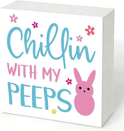 Easter Decorations for Home Chillin With My Peeps Wooden Sign, Funny Bunny Spring Porch Decor, Easter Desk Table Decorations, Farmhouse Front Door Wall Plaque, Holiday Party Supplies