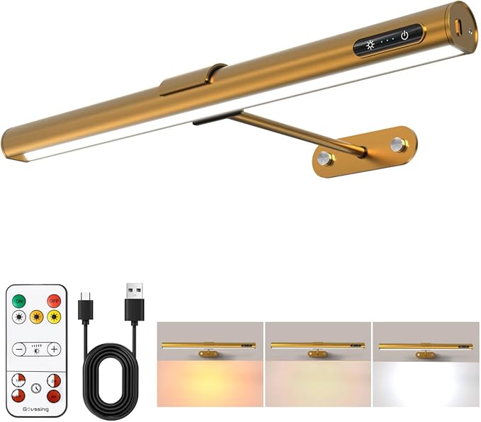 GOVSSING Picture Lights for Wall - 4000mAh Rechargeable Battery Wireless Picture Light with Remote, 3 Color Temps & Dimmable, 15.7” Rotatable Art Light, Memory & Timer Functions, Gold