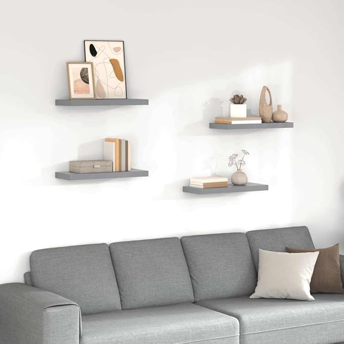 Set of 4 Grey Honeycomb MDF Floating Wall Shelves with Metal Brackets, Modern Matte Finish for Living Room Bedroom Office, Durable Storage Display Organizer