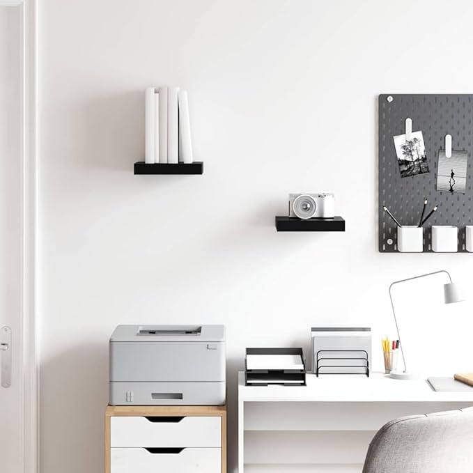 High Gloss Black Floating Wall Shelf Set of 2, Honeycomb MDF and Metal Construction for Modern Decor, Invisible Mounting System, Sturdy Display Shelves for Home or Office