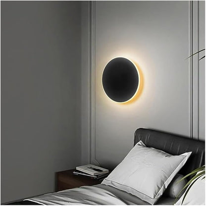 Modern Nordic Round LED Wall Light Black Metal 3000K Warm Light Gold Glow Wall Mounted Lamp for Bedroom Living Room Hallway Stairway Minimalist Ambient Wall Sconce(Dark,12"/30cm)