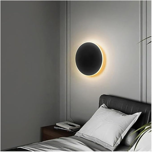 Modern Nordic Round LED Wall Light Black Metal 3000K Warm Light Gold Glow Wall Mounted Lamp for Bedroom Living Room Hallway Stairway Minimalist Ambient Wall Sconce(Dark,8"/20cm)